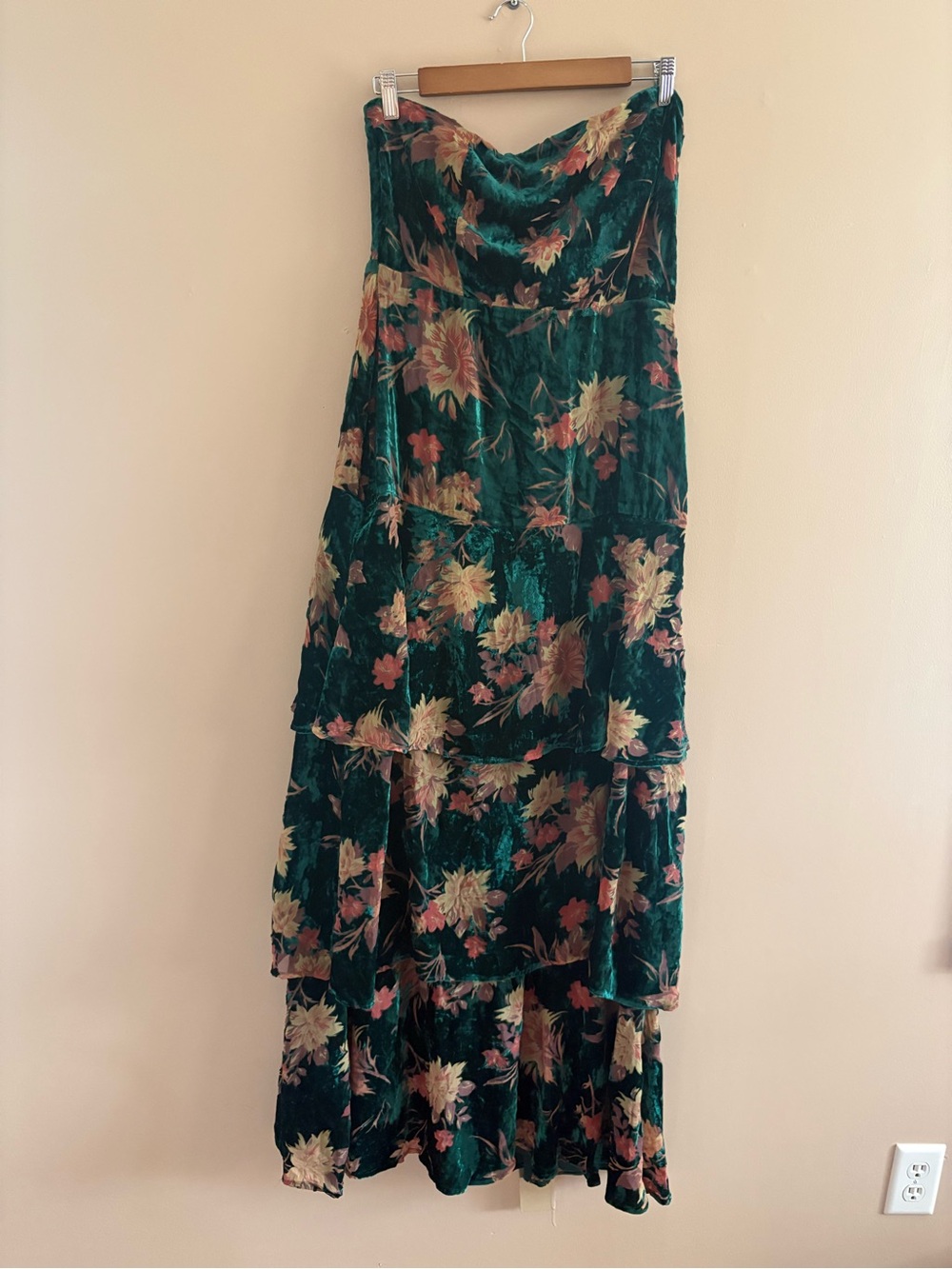 Lulus Real Allure Emerald Floral Burnout Velvet Strapless Maxi Dress Size XL NWT - Picture 2 of 8
